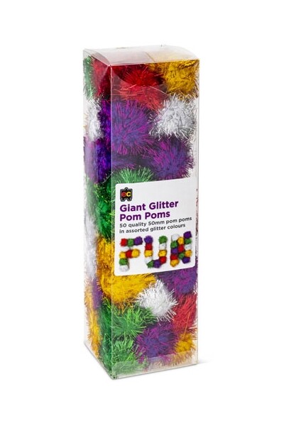 Glitter PomPoms 50mm Giant Asst Cols Pack of 50